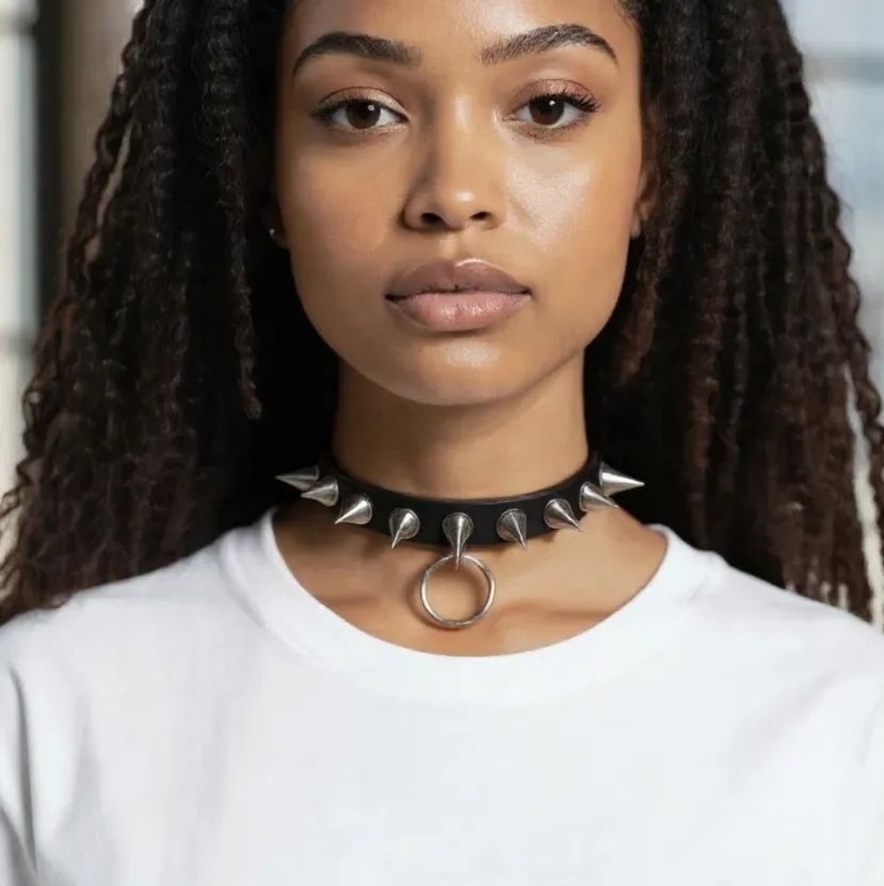 Genuine Leather Bondage BDSM Submissive Kink O Ring Spiked Choker Necklace!